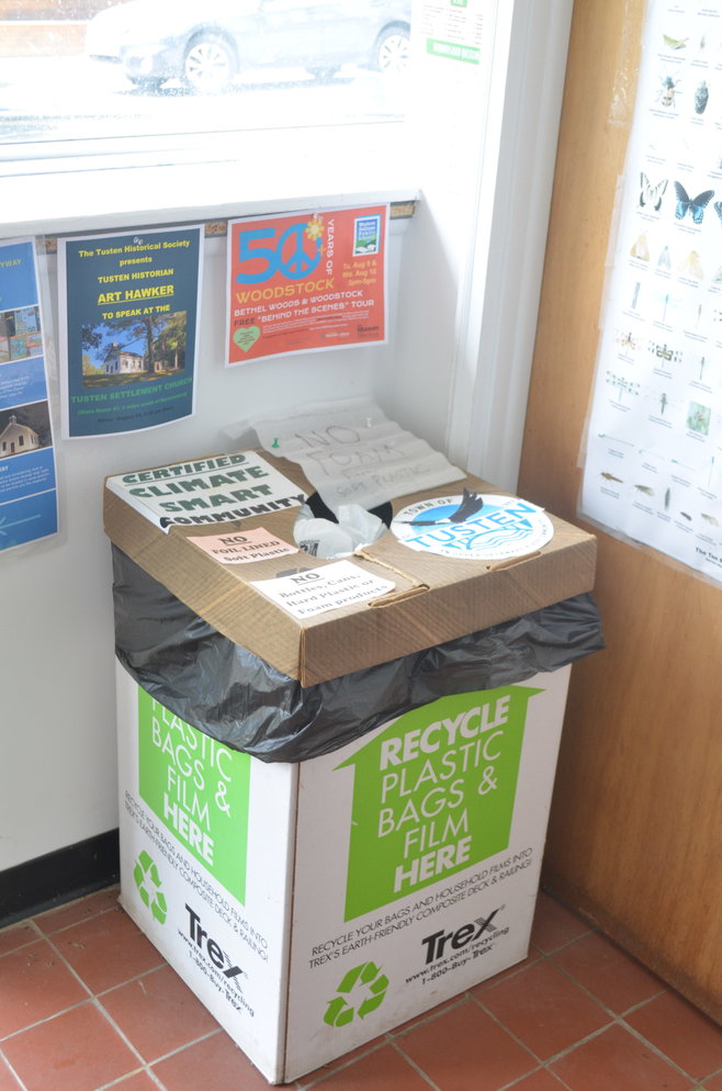 A soft plastic recycling receptacle placed in the Narrowsburg post office by the Tusten Energy Committee.
